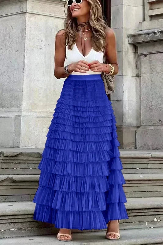 Jupe longue plissée taille haute en tulle pour femmes