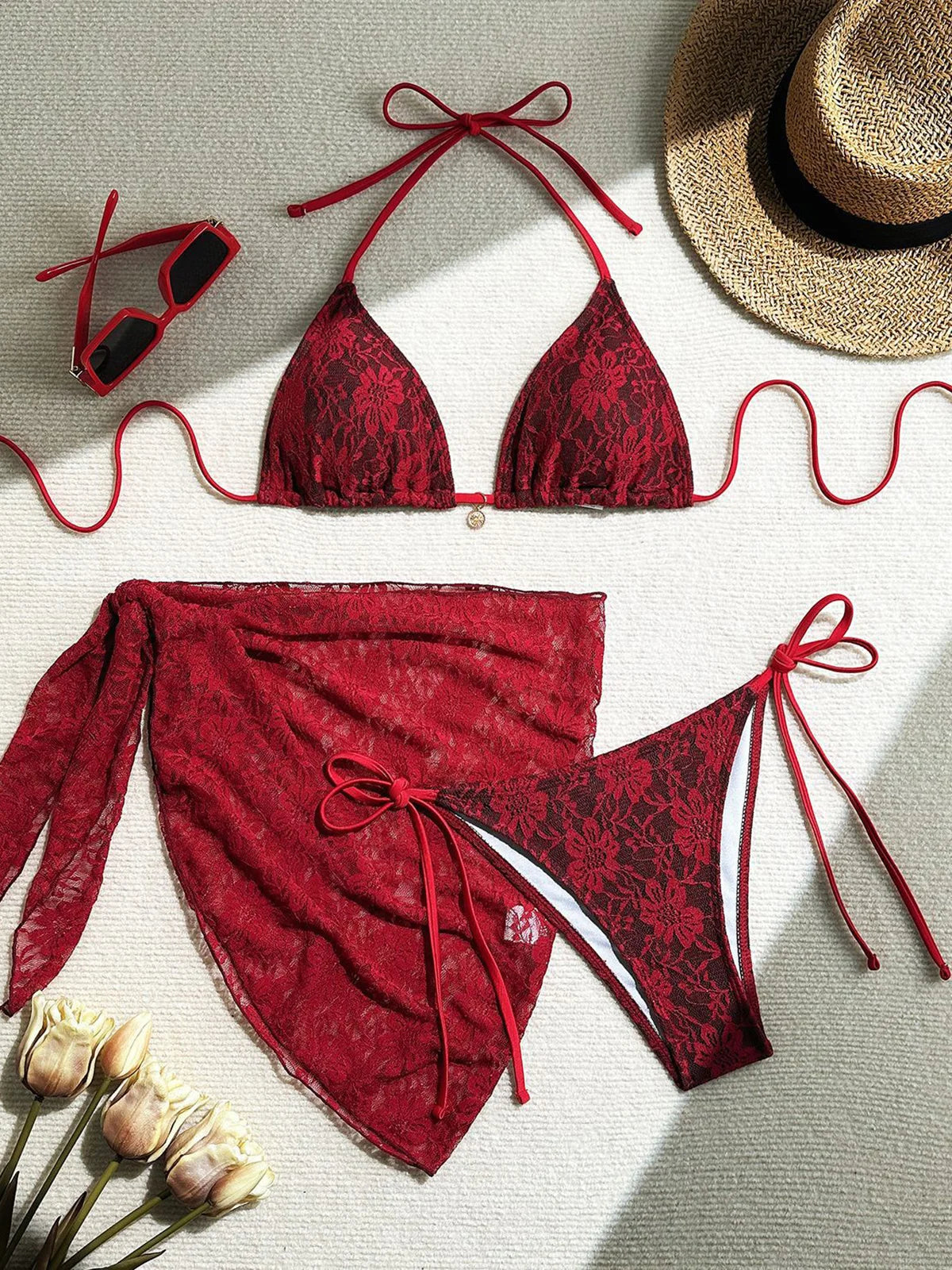 Maillot de bain trois pièces avec dentelle pour femmes
