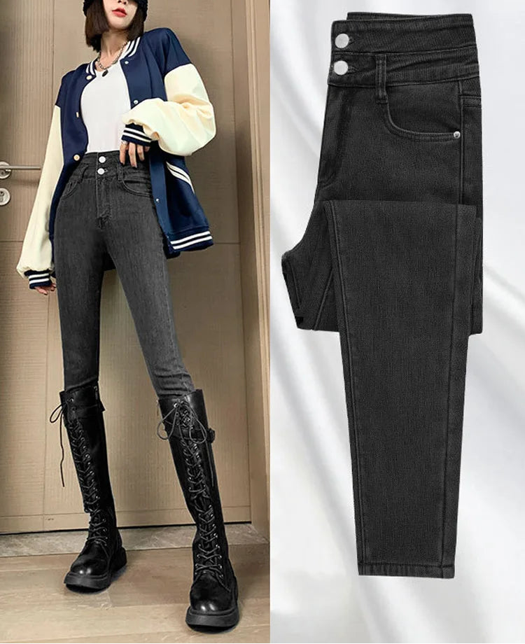 Jean slim taille haute à trois lèvent pour femmes