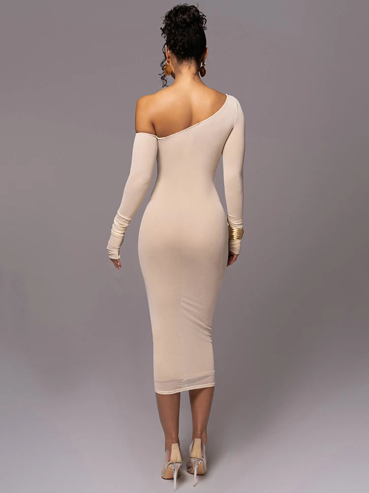 Robe à col diagonal et manches longues pour femmes