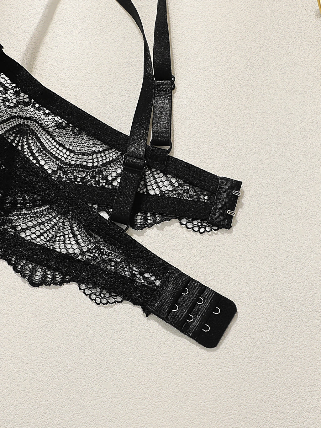 Ensemble de lingerie sexy en dentelle brodée en V profond pour femmes