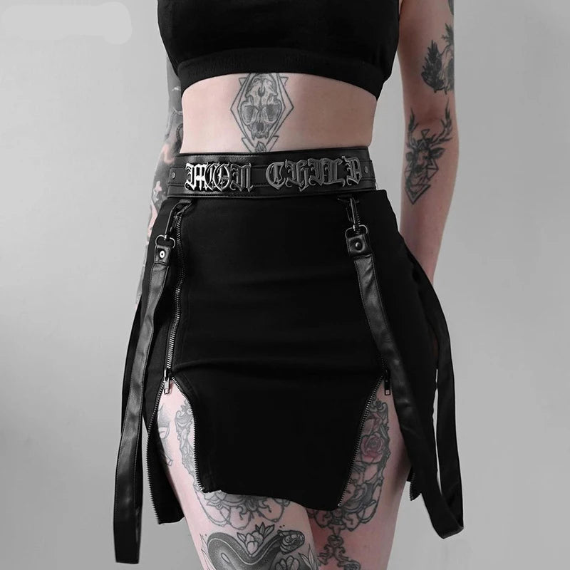 Mini-jupe gothique foncée style A-line avec fentes zippées double face pour femmes
