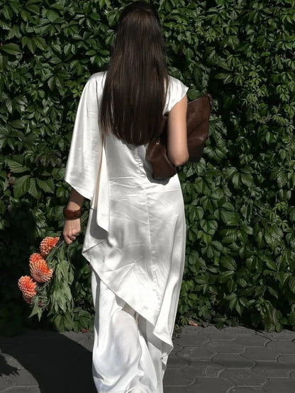 Robe Longue en Satin Uni Femme – Col Montant