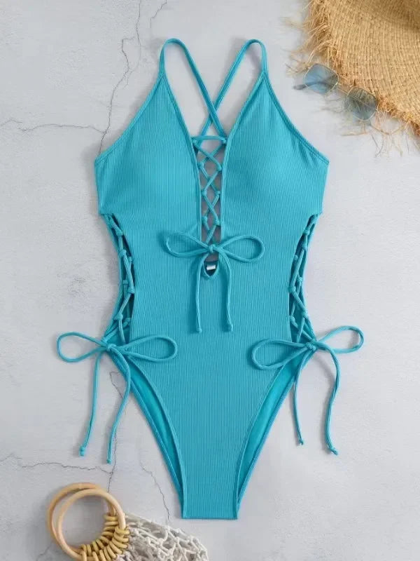 Maillots de bain une pièces col en V profond Push Up pour femmes