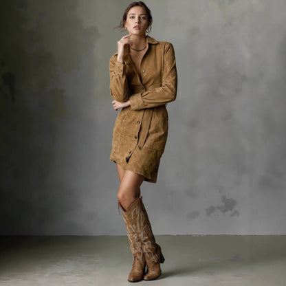 Robe Chemise Vintage Femme – Col Rabattu et Manches Longues