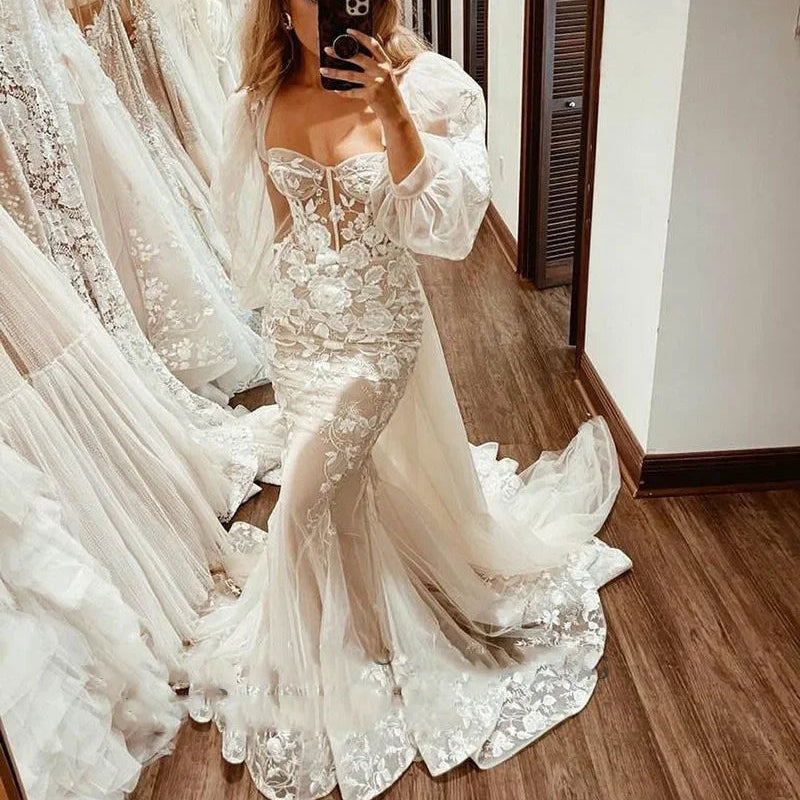 Robes de mariée sirène élégantes à manches bouffantes et décolleté en cœur pour femmes