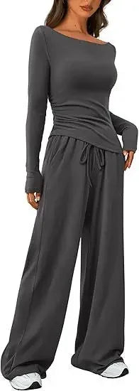 Ensemble décontracté T-shirt asymétrique à manches longues et pantalon à jambes larges pour femmes