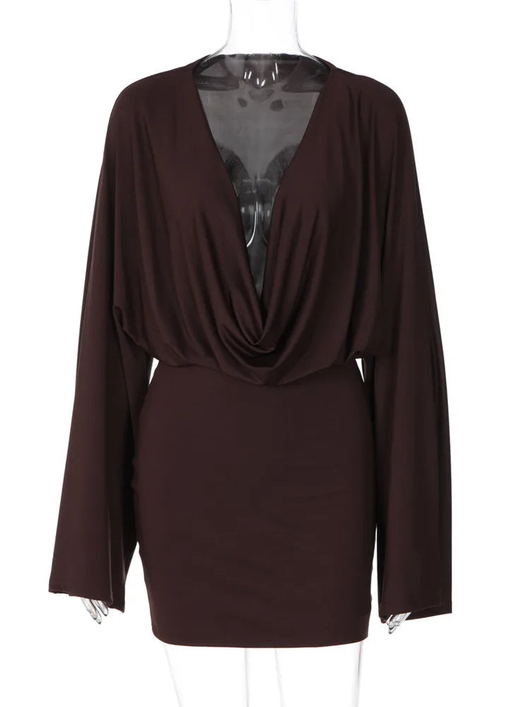 Robe fourreau femme marron à col volanté