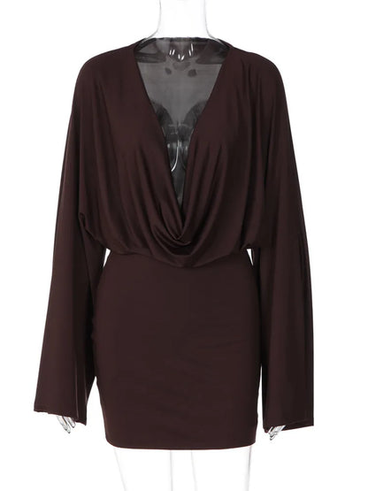 Robe fourreau femme marron à col volanté