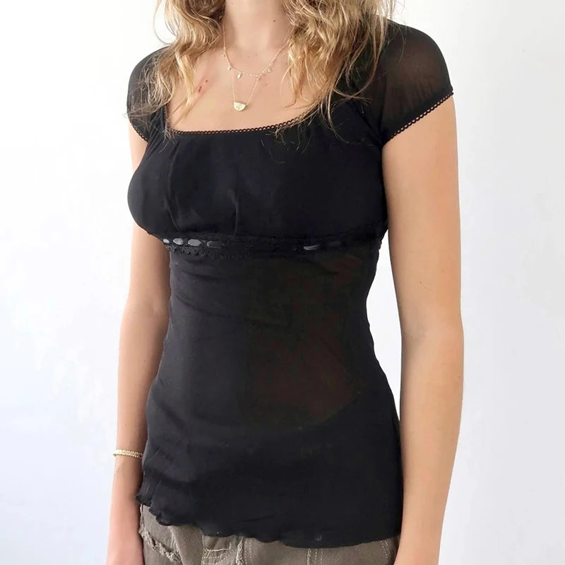 T-shirt-Crop en dentelle esthétique rétro pour femmes