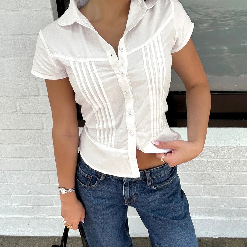 Chemisier Blanc d’Été Femme – Revers et Manches Courtes