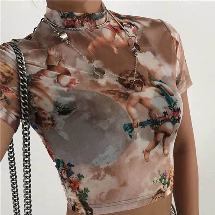 T-shirt manches courtes à col haut femmes