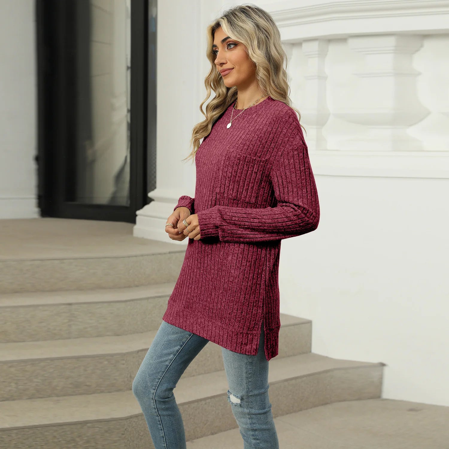 T-shirt à manches longues fendu pour femmes