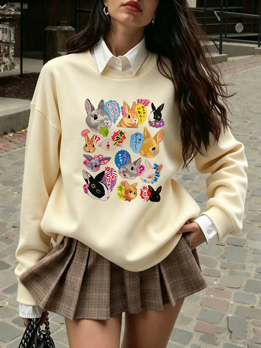 Sweat-shirts à imprimés lapins japonais pour femmes