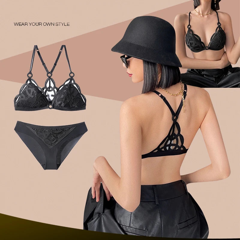 Ensemble soutien-gorge en dentelle ultra fine et respirante, string et culotte pour femmes
