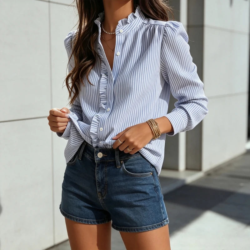 Chemisier Rayé Bleu Femme – Col à Volants