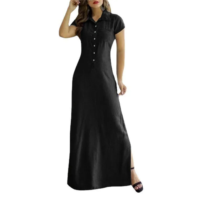 Robe longue en jean décontractée à col de chemise pour femmes