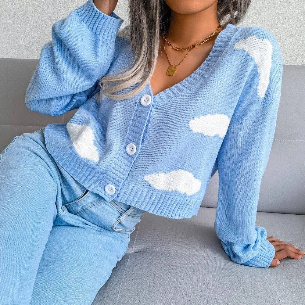 Cardigan Femme – Col V et Motif Nuage