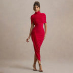 Robe longue froncée à manches mi-longues, dos nu pour femmes
