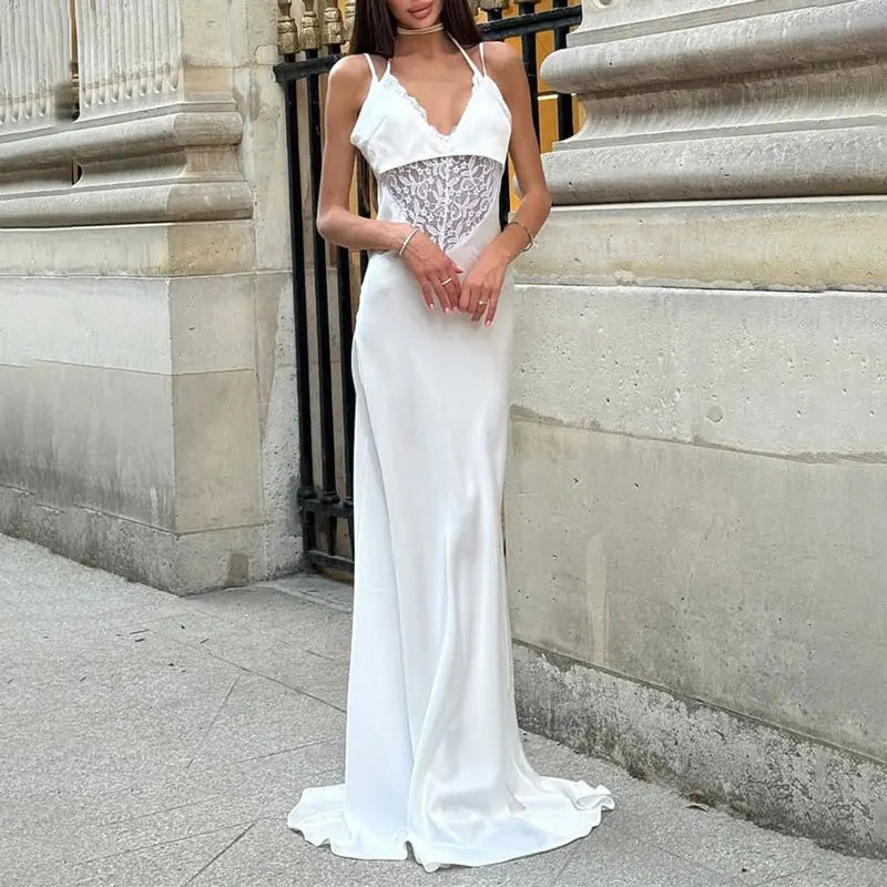 Robe longue à bretelles fines en dentelle ajourée pour femmes