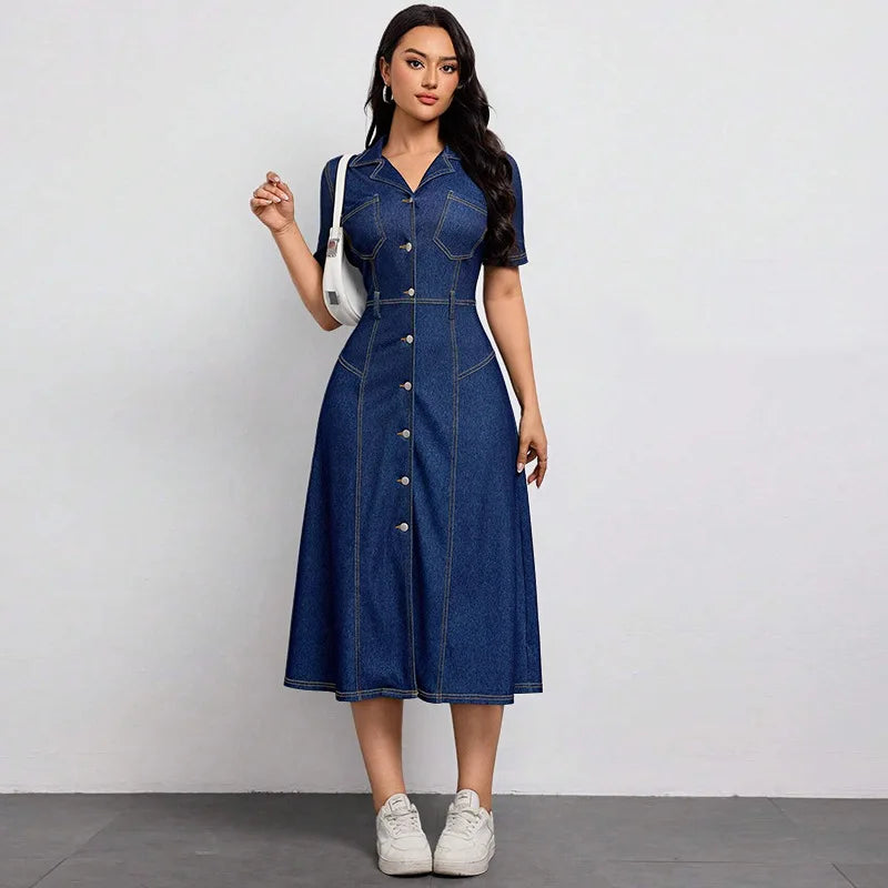 Robe longue en jean à simple boutonnage et col cranté pour femmes