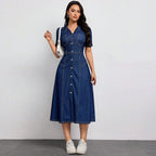 Robe longue en jean à simple boutonnage et col cranté pour femmes