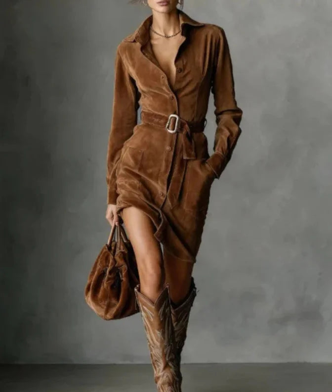 Robe-chemise courte en daim à revers à simple boutonnage pour femmes