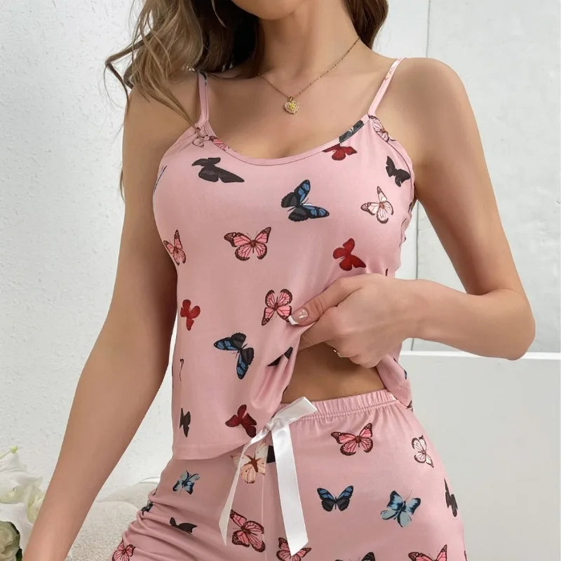 Ensemble de pyjama imprimé papillons ave haut à bretelles et short pour femmes