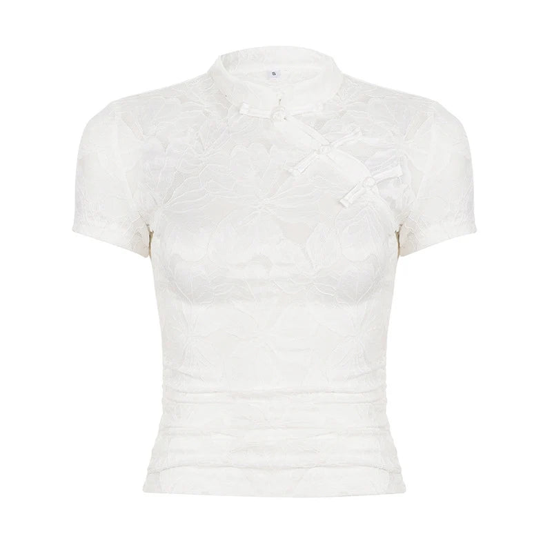 T-shirt Blanc Vintage Femme – Col Montant Style Chinois