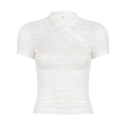 T-shirt Blanc Vintage Femme – Col Montant Style Chinois