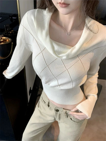 Pull Court Femme – Motif Losanges et Col Drapé