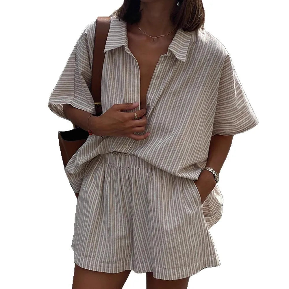 Ensemble deux pièces décontracté rayé en coton lin chemise ample et shorts pour femmes