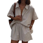 Ensemble deux pièces décontracté rayé en coton lin chemise ample et shorts pour femmes