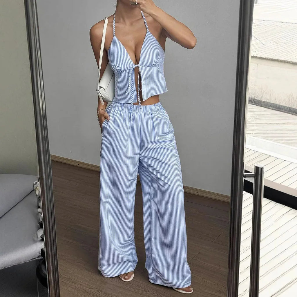 Ensembles deux pièce débardeur rayé imprimé et pantalon droit pour femmes