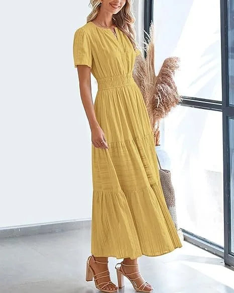 Robe longue plissée élégante style français à col en V pour femmes