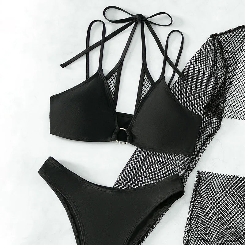 Maillot de bain 4 pièces à manches longues résille pour femmes