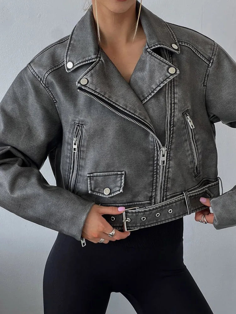 Veste Pu Faux cuir rétro ample avec fermeture éclair pour femmes