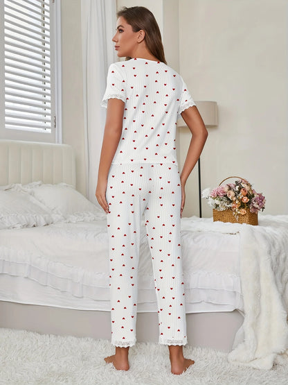 Pyjama Femme – Haut Manches Courtes et Pantalon à Cœurs