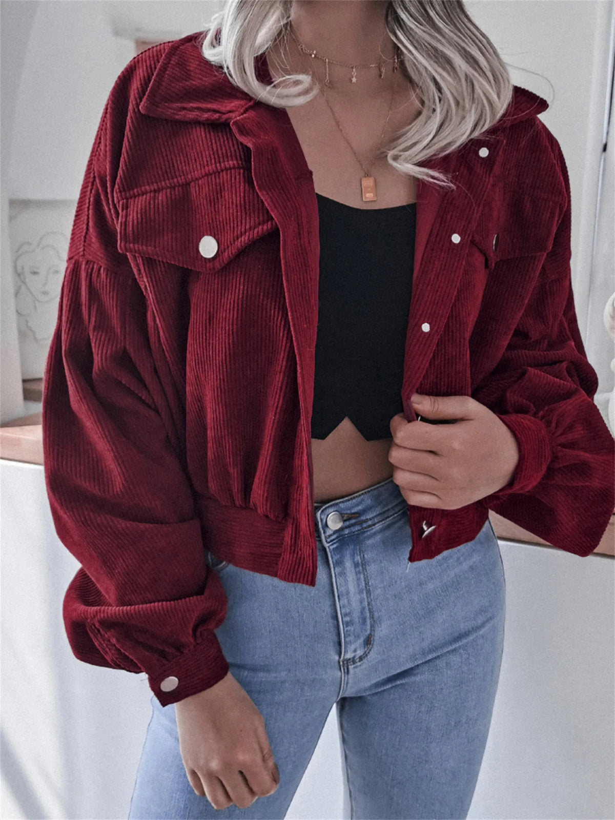 Veste Courte en Velours Côtelé Femme – Manches Lanterne