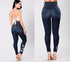 Jeans brodés taille haute pour femmes
