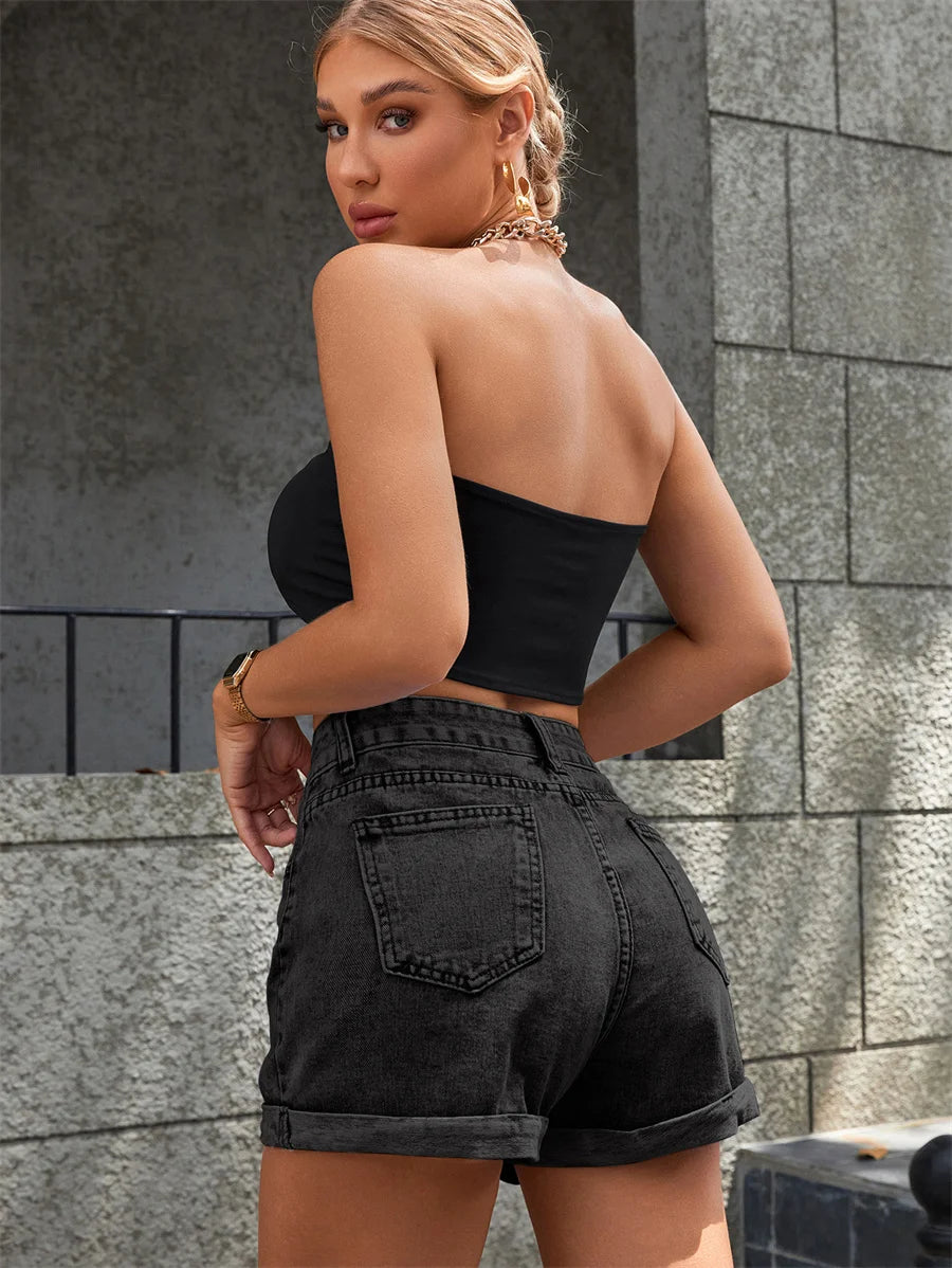 Short en jean à fermeture éclair pour femmes