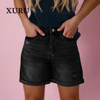 Short en jean à franges déchirées taille haute pour femmes