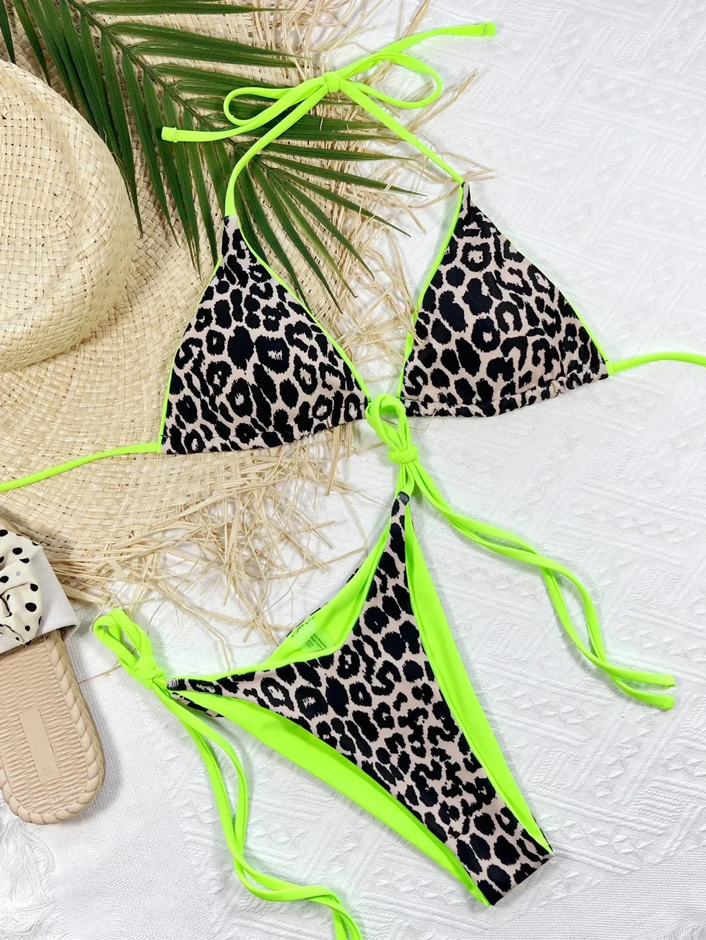 Maillot de bain deux pièces néon imprimé léopard pour femmes