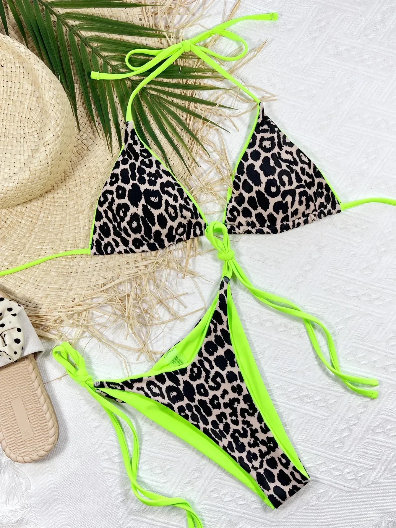 Maillot de bain deux pièces néon imprimé léopard pour femmes