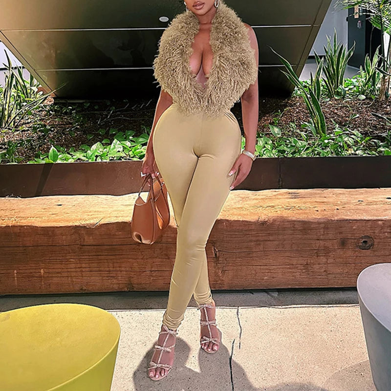 Ensemble femme 2 pièces en fausse fourrure et pantalon ajusté