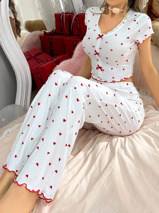 Pyjama à Cœurs Femme – Maille Côtelée et Volants