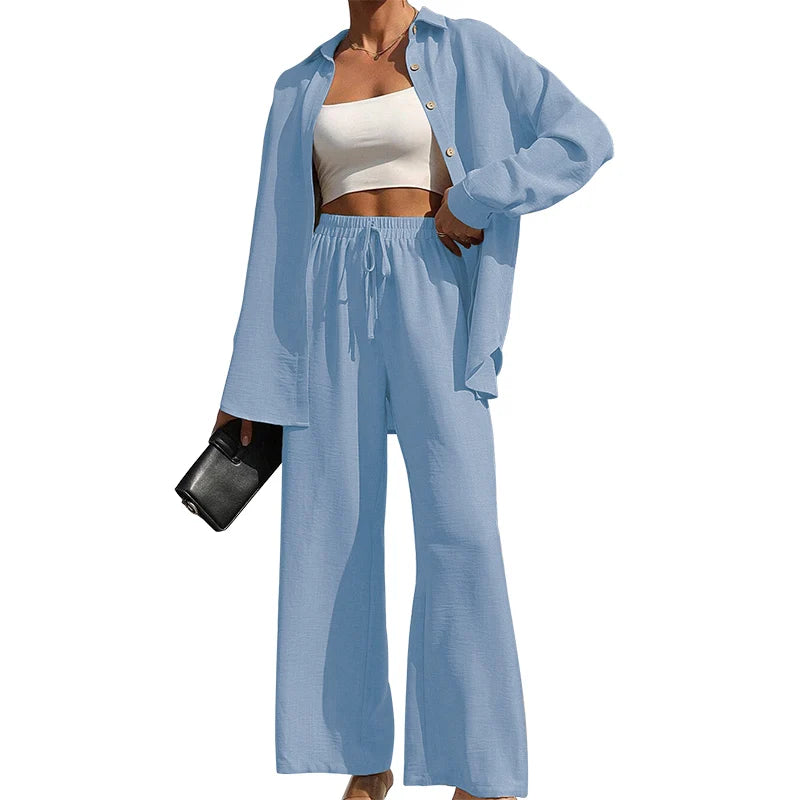 Ensemble deux pièces chemise boutonnée unie et pantalon large à nouer sur le devant pour femmes