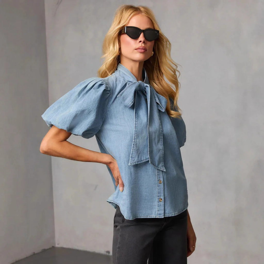 Chemise en jean à manches lanternes amples pour femmes