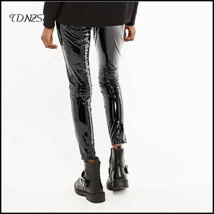 Pantalon Slim Taille Haute en Similicuir Brillant