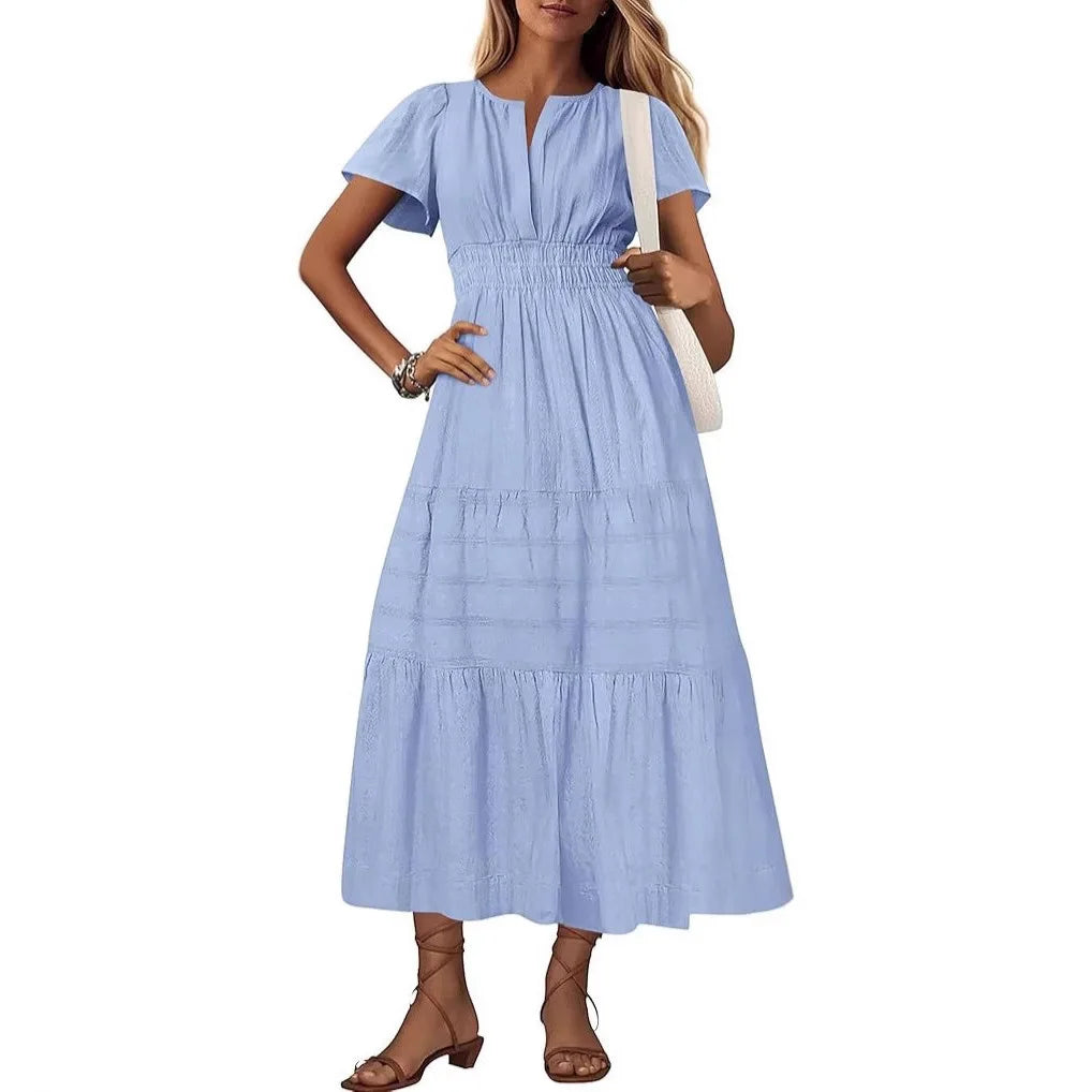 Robe longue plissée élégante style français à col en V pour femmes